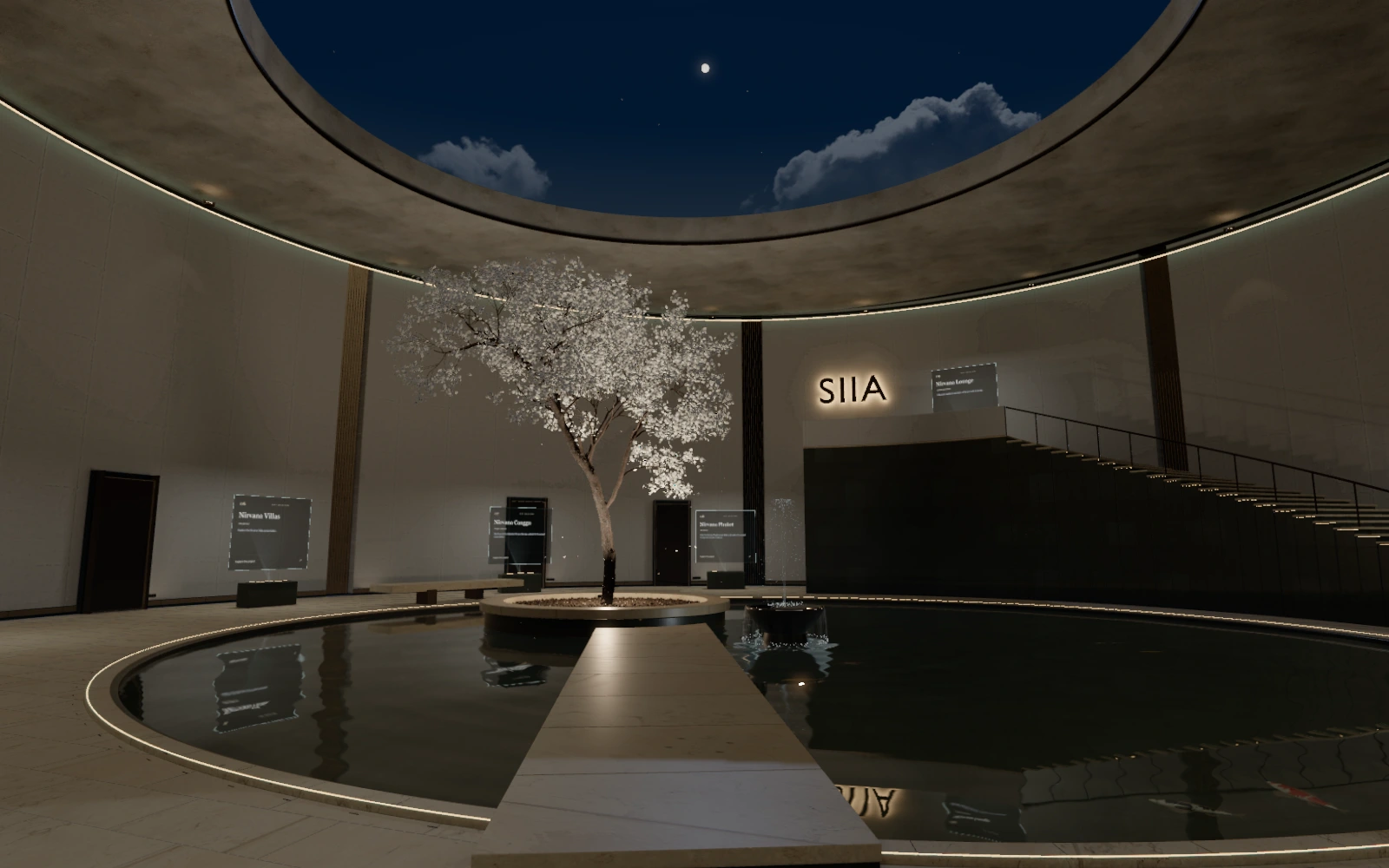 A stone gallery at night, with white sakura blossoms, warm recessed lights and a reflecting pool.